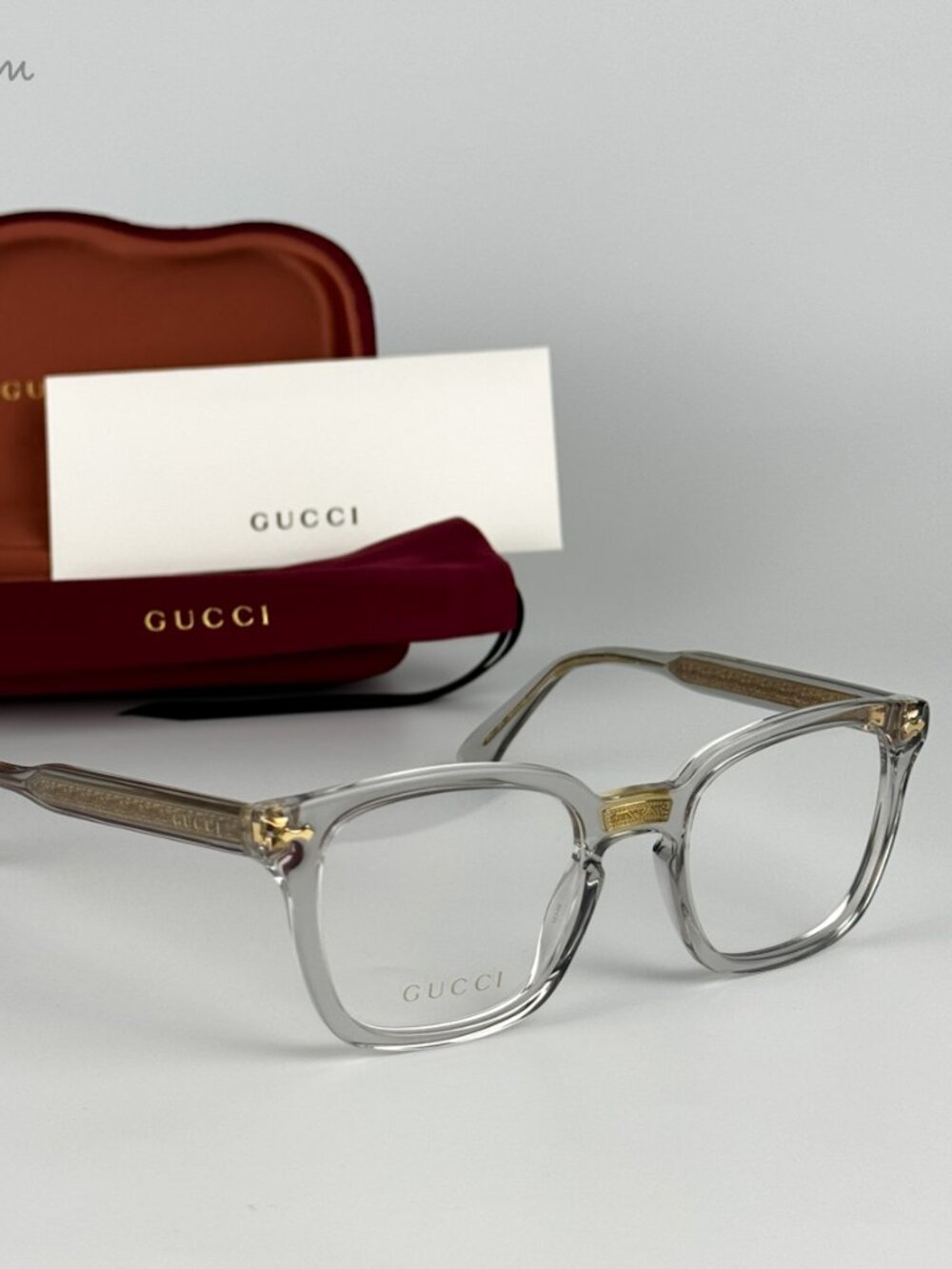 Gucci Women Eyeglasses Grey Clear Gold Demo Square GG0184O 005 NEW AUTHENTIC